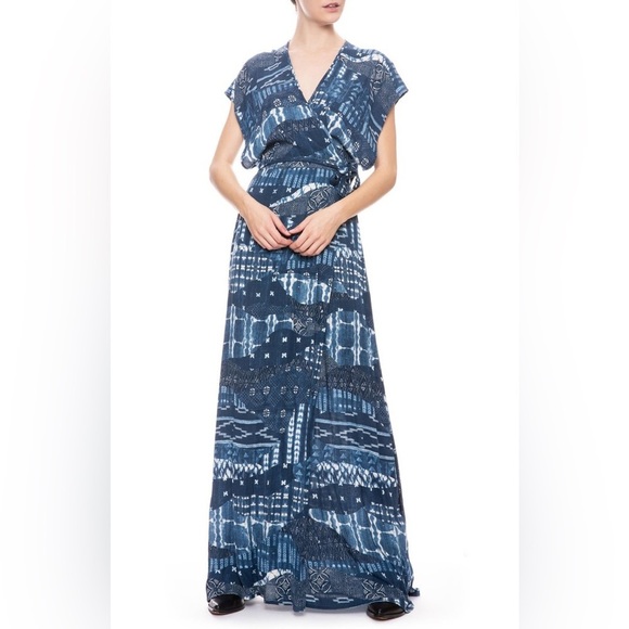 NWT Tysa Garbo Indigo Seas Blue White Patchwork Print Maxi Wrap Dress Size 2 - Picture 1 of 14